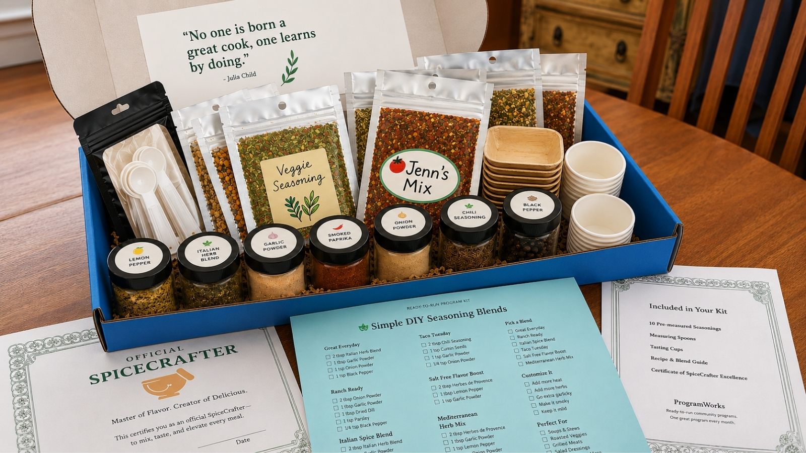 Sample seasoning kit with labeled ingredients, tasting cups, guides, and participant materials